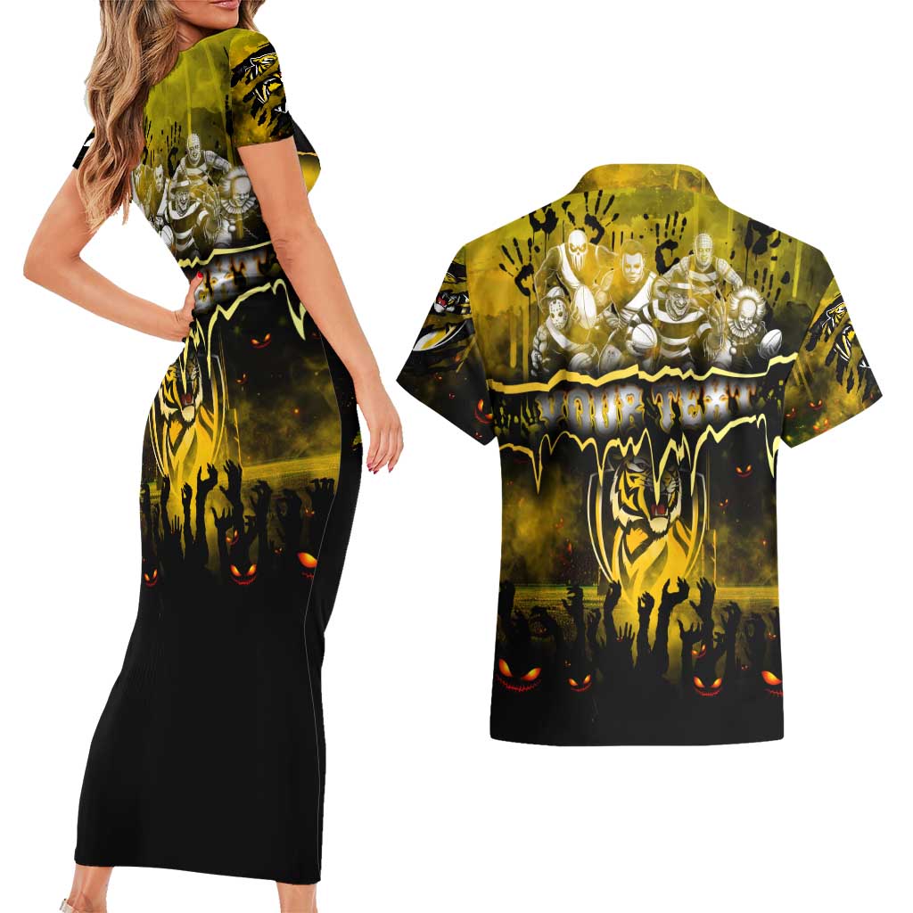 Step Into Horror Domain Tiger Football Couples Matching Short Sleeve Bodycon Dress and Hawaiian Shirt Halloween Horror Movie Characters - Aussie Hoodie