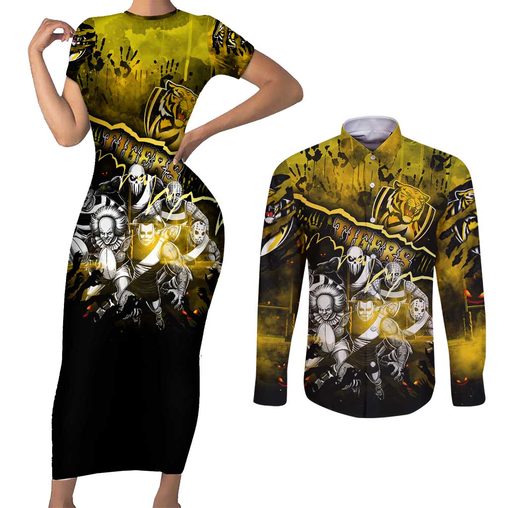 Step Into Horror Domain Tiger Football Couples Matching Short Sleeve Bodycon Dress and Long Sleeve Button Shirt Halloween Horror Movie Characters - Aussie Hoodie
