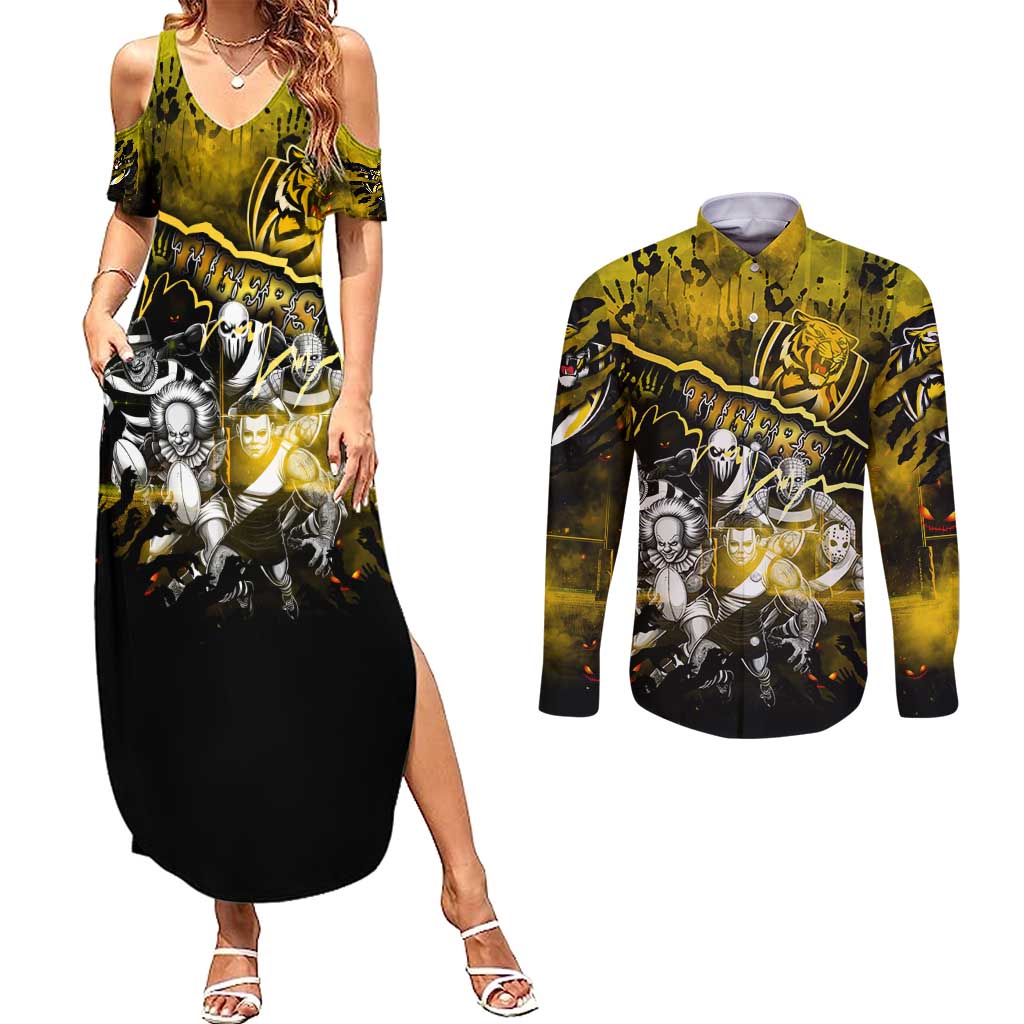 Step Into Horror Domain Tiger Football Couples Matching Summer Maxi Dress and Long Sleeve Button Shirt Halloween Horror Movie Characters - Aussie Hoodie