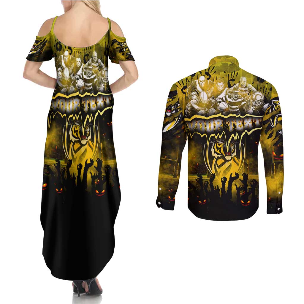 Step Into Horror Domain Tiger Football Couples Matching Summer Maxi Dress and Long Sleeve Button Shirt Halloween Horror Movie Characters - Aussie Hoodie