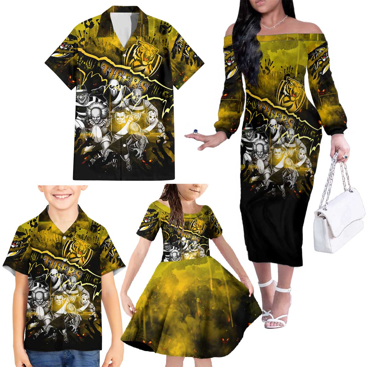 Step Into Horror Domain Tiger Football Family Matching Off The Shoulder Long Sleeve Dress and Hawaiian Shirt Halloween Horror Movie Characters - Aussie Hoodie