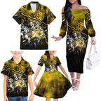 Step Into Horror Domain Tiger Football Family Matching Off The Shoulder Long Sleeve Dress and Hawaiian Shirt Halloween Horror Movie Characters - Aussie Hoodie