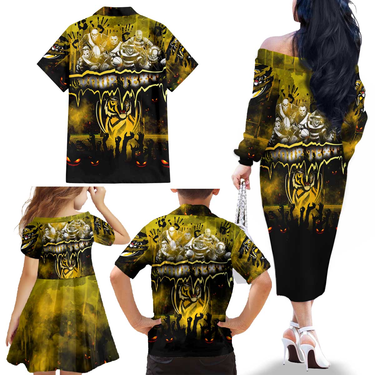 Step Into Horror Domain Tiger Football Family Matching Off The Shoulder Long Sleeve Dress and Hawaiian Shirt Halloween Horror Movie Characters - Aussie Hoodie
