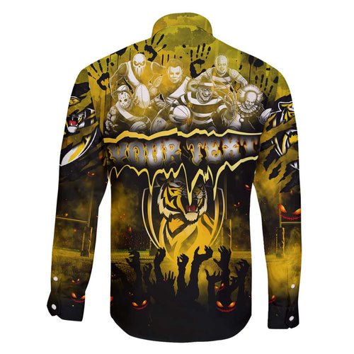 Step Into Horror Domain Tiger Football Family Matching Off The Shoulder Long Sleeve Dress and Hawaiian Shirt Halloween Horror Movie Characters - Aussie Hoodie