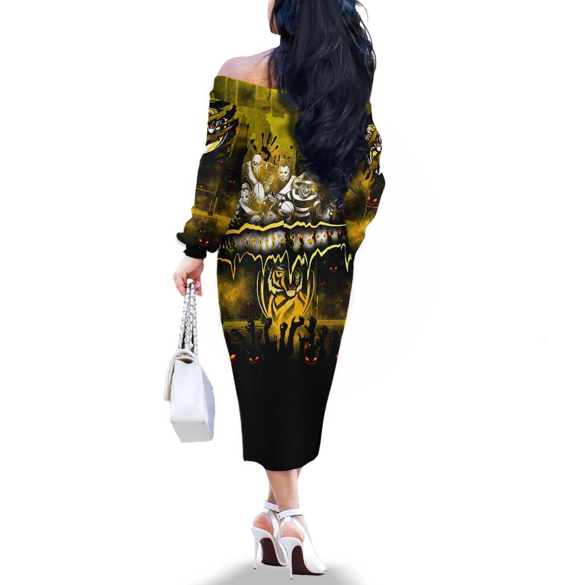Step Into Horror Domain Tiger Football Family Matching Off The Shoulder Long Sleeve Dress and Hawaiian Shirt Halloween Horror Movie Characters - Aussie Hoodie