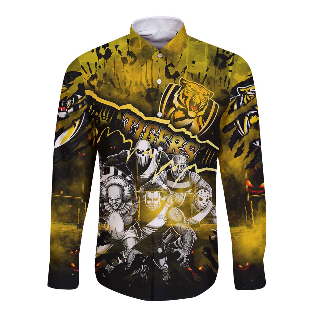 Step Into Horror Domain Tiger Football Long Sleeve Button Shirt Halloween Horror Movie Characters - Aussie Hoodie