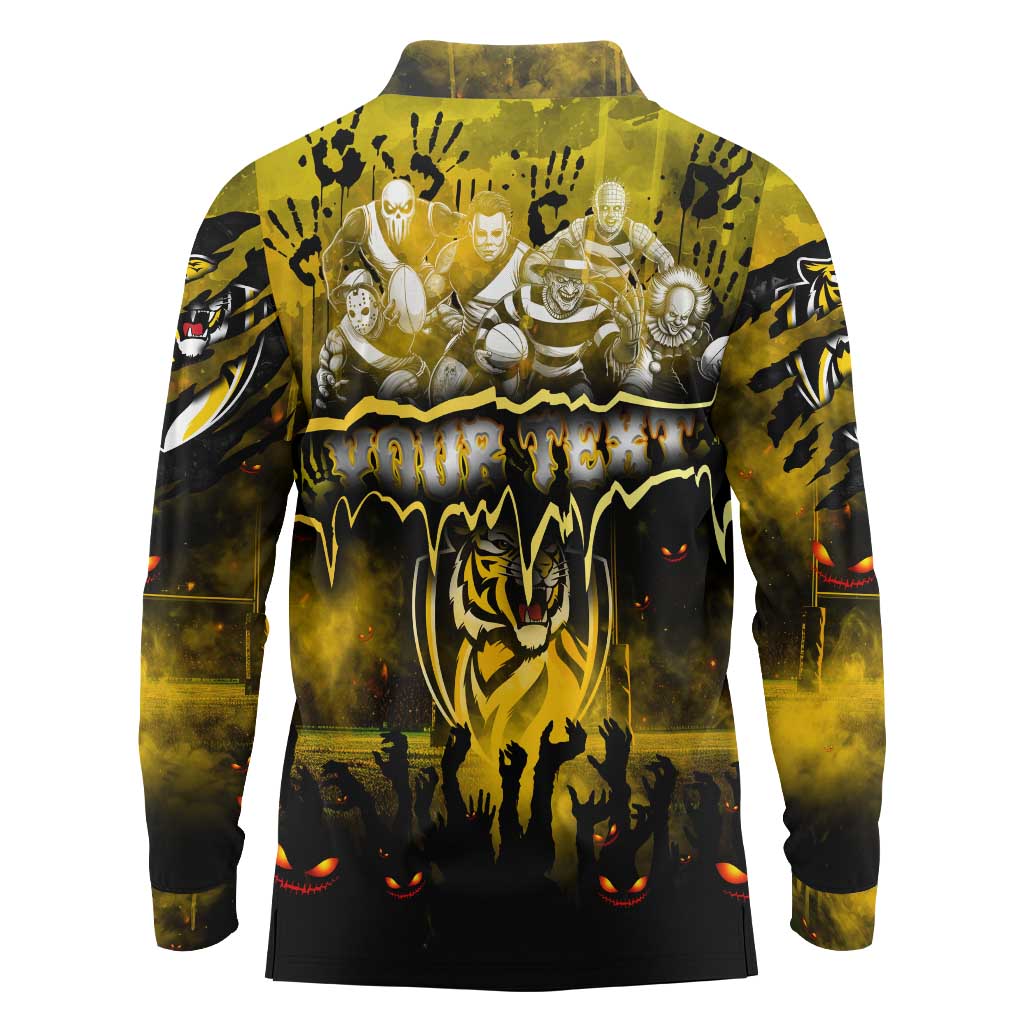 Step Into Horror Domain Tiger Football Long Sleeve Polo Shirt Halloween Horror Movie Characters - Aussie Hoodie