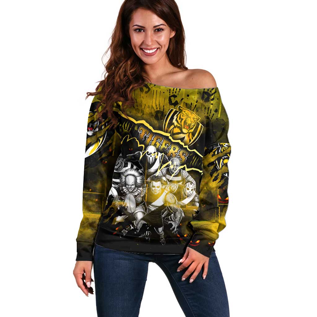 Step Into Horror Domain Tiger Football Off Shoulder Sweater Halloween Horror Movie Characters - Aussie Hoodie