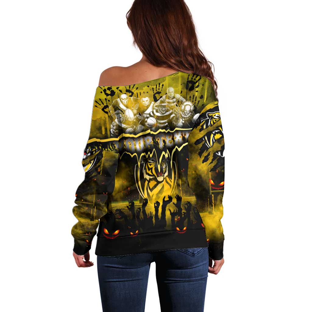 Step Into Horror Domain Tiger Football Off Shoulder Sweater Halloween Horror Movie Characters - Aussie Hoodie