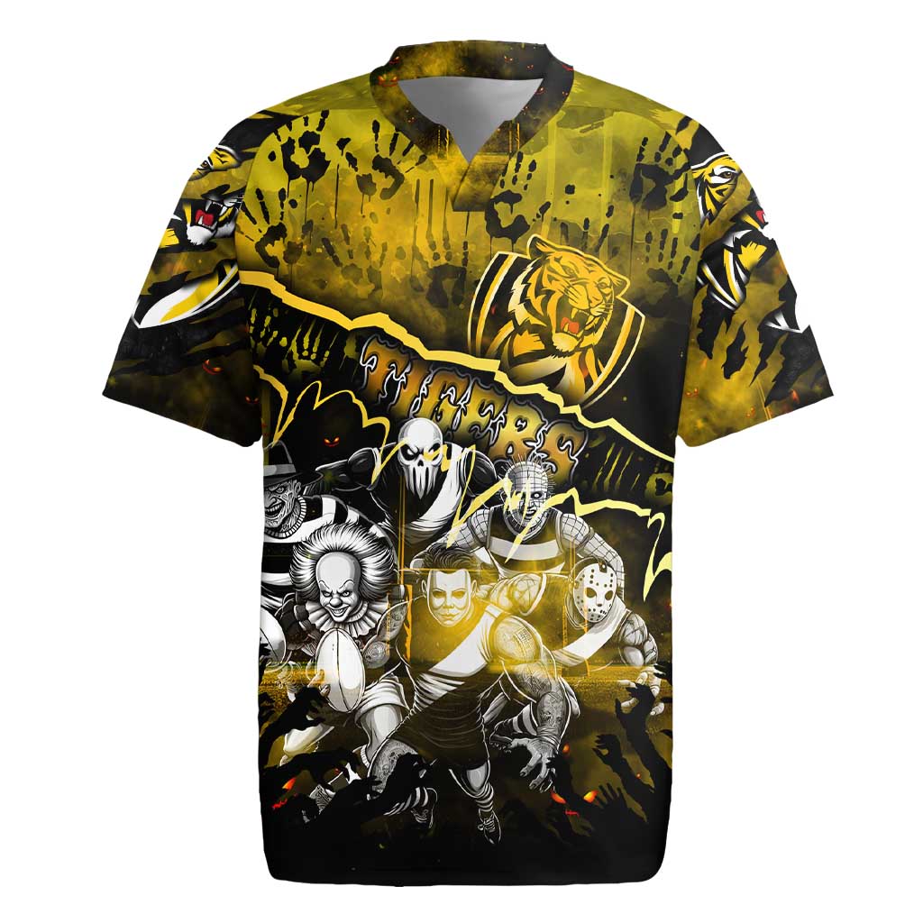 Step Into Horror Domain Tiger Football Rugby Jersey Halloween Horror Movie Characters - Aussie Hoodie