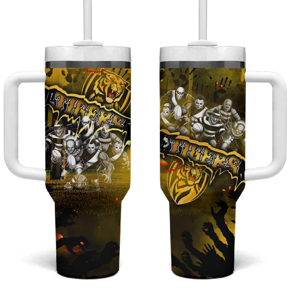 Step Into Horror Domain Tiger Football Tumbler With Handle Halloween Horror Movie Characters - Aussie Hoodie