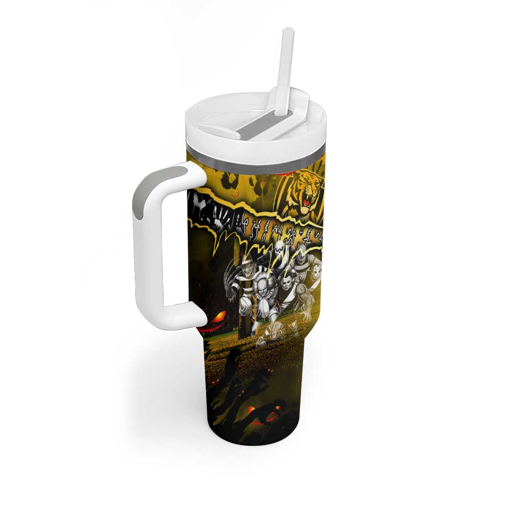 Step Into Horror Domain Tiger Football Tumbler With Handle Halloween Horror Movie Characters - Aussie Hoodie