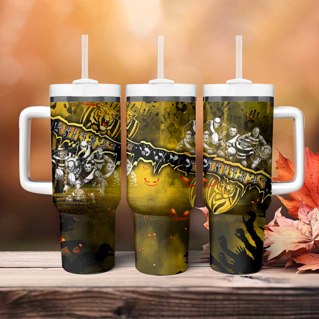 Step Into Horror Domain Tiger Football Tumbler With Handle Halloween Horror Movie Characters - Aussie Hoodie