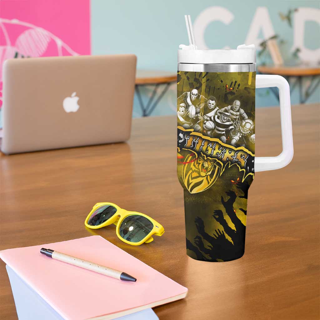 Step Into Horror Domain Tiger Football Tumbler With Handle Halloween Horror Movie Characters - Aussie Hoodie