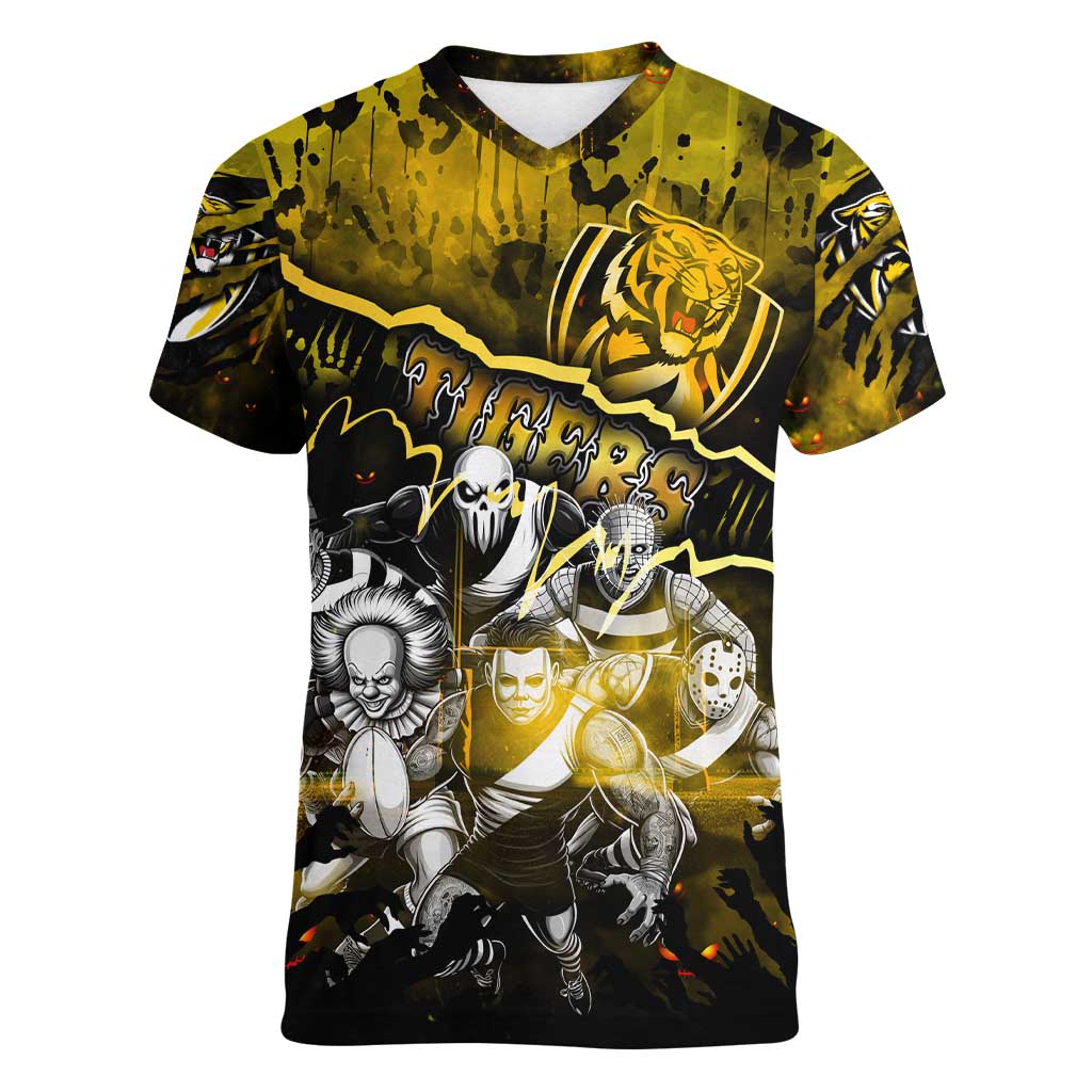 Step Into Horror Domain Tiger Football Women V-Neck T-Shirt Halloween Horror Movie Characters - Aussie Hoodie