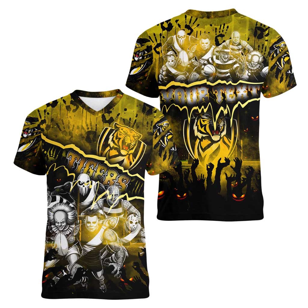 Step Into Horror Domain Tiger Football Women V-Neck T-Shirt Halloween Horror Movie Characters - Aussie Hoodie