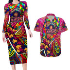 Autism Awareness Australia Brisbane Lions Couples Matching Long Sleeve Bodycon Dress and Hawaiian Shirt Aboriginal Indigenous Art