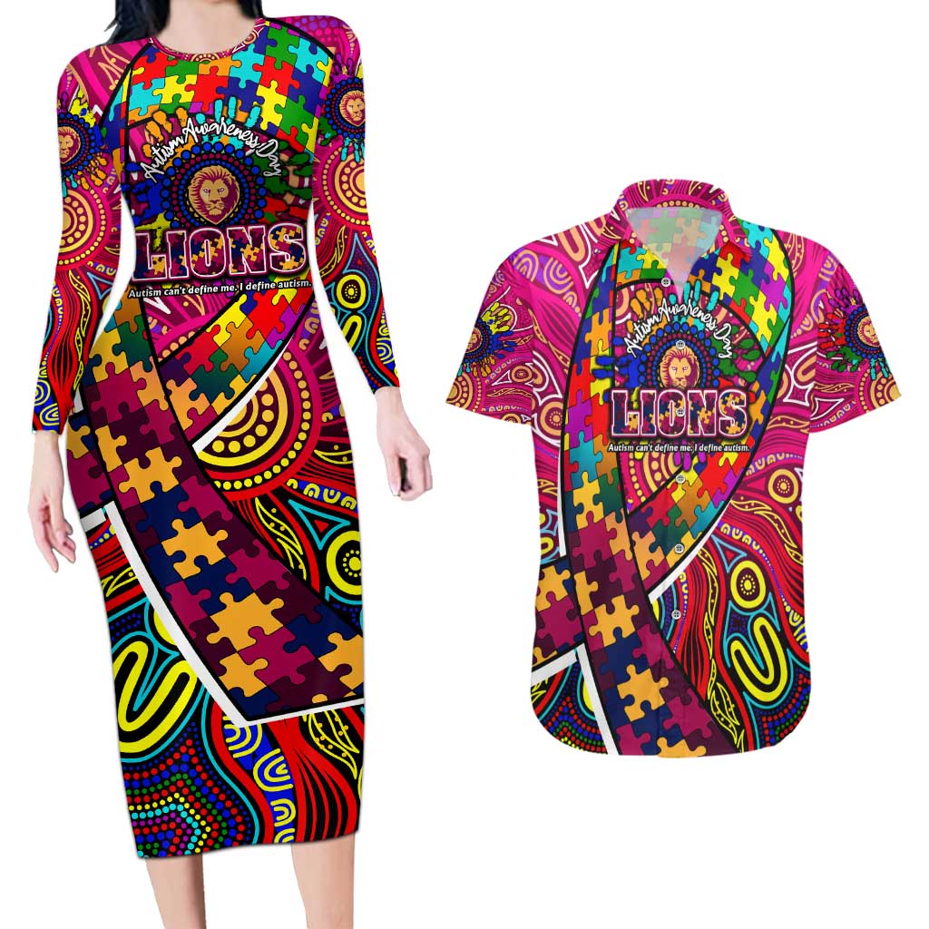 Autism Awareness Australia Brisbane Lions Couples Matching Long Sleeve Bodycon Dress and Hawaiian Shirt Aboriginal Indigenous Art