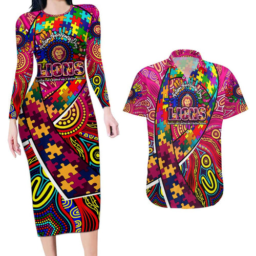 Autism Awareness Australia Brisbane Lions Couples Matching Long Sleeve Bodycon Dress and Hawaiian Shirt Aboriginal Indigenous Art