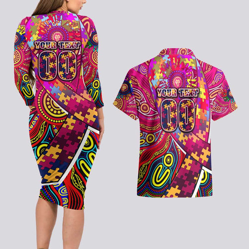 Autism Awareness Australia Brisbane Lions Couples Matching Long Sleeve Bodycon Dress and Hawaiian Shirt Aboriginal Indigenous Art