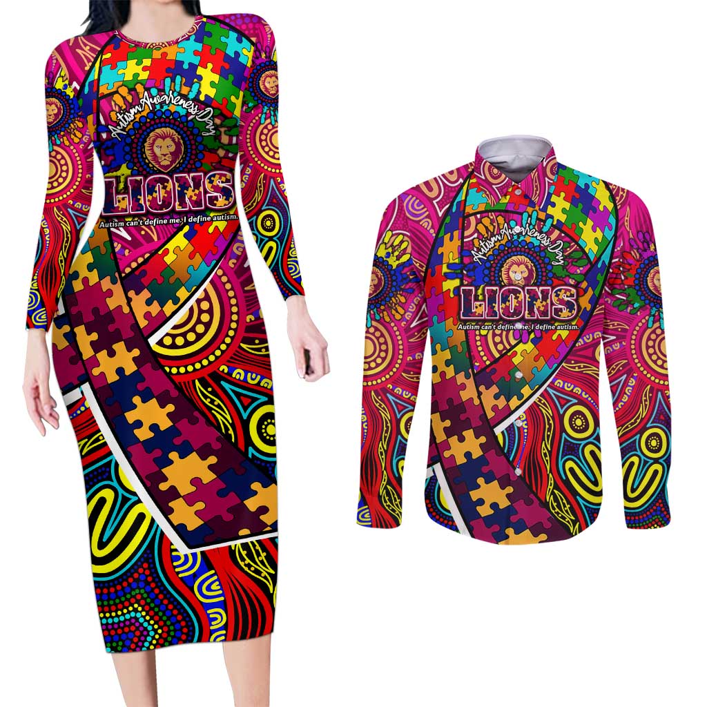 Autism Awareness Australia Brisbane Lions Couples Matching Long Sleeve Bodycon Dress and Long Sleeve Button Shirt Aboriginal Indigenous Art