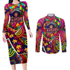 Autism Awareness Australia Brisbane Lions Couples Matching Long Sleeve Bodycon Dress and Long Sleeve Button Shirt Aboriginal Indigenous Art