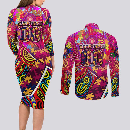Autism Awareness Australia Brisbane Lions Couples Matching Long Sleeve Bodycon Dress and Long Sleeve Button Shirt Aboriginal Indigenous Art