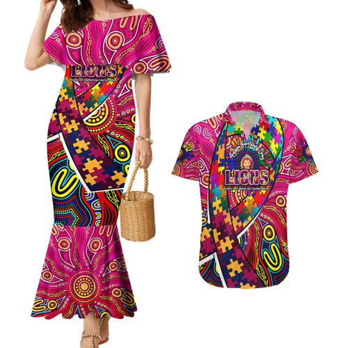 Autism Awareness Australia Brisbane Lions Couples Matching Mermaid Dress and Hawaiian Shirt Aboriginal Indigenous Art