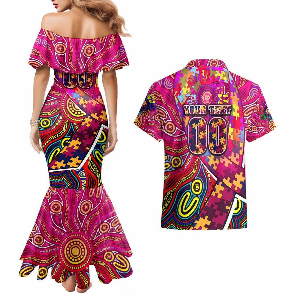 Autism Awareness Australia Brisbane Lions Couples Matching Mermaid Dress and Hawaiian Shirt Aboriginal Indigenous Art