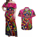 Autism Awareness Australia Brisbane Lions Couples Matching Off Shoulder Maxi Dress and Hawaiian Shirt Aboriginal Indigenous Art