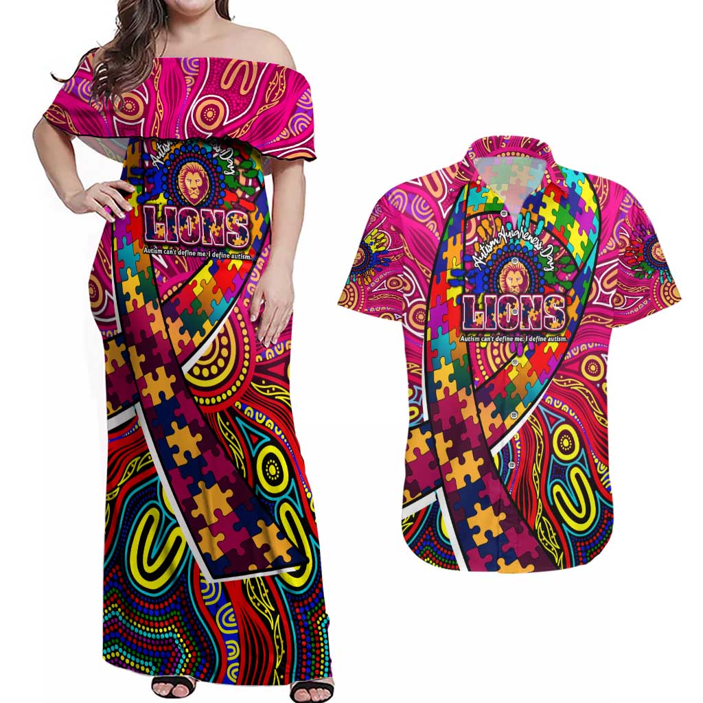 Autism Awareness Australia Brisbane Lions Couples Matching Off Shoulder Maxi Dress and Hawaiian Shirt Aboriginal Indigenous Art