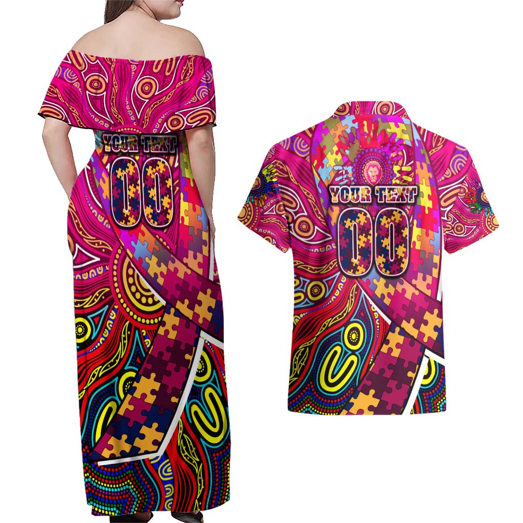 Autism Awareness Australia Brisbane Lions Couples Matching Off Shoulder Maxi Dress and Hawaiian Shirt Aboriginal Indigenous Art