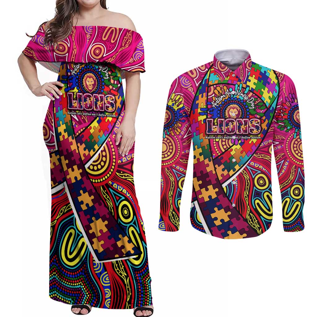 Autism Awareness Australia Brisbane Lions Couples Matching Off Shoulder Maxi Dress and Long Sleeve Button Shirt Aboriginal Indigenous Art