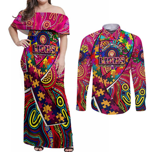 Autism Awareness Australia Brisbane Lions Couples Matching Off Shoulder Maxi Dress and Long Sleeve Button Shirt Aboriginal Indigenous Art