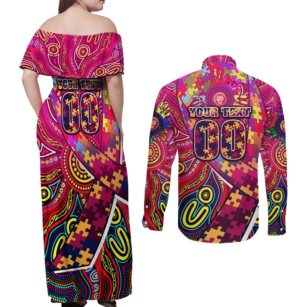 Autism Awareness Australia Brisbane Lions Couples Matching Off Shoulder Maxi Dress and Long Sleeve Button Shirt Aboriginal Indigenous Art