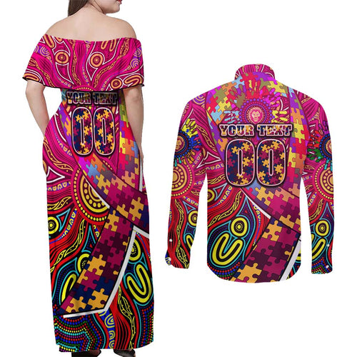 Autism Awareness Australia Brisbane Lions Couples Matching Off Shoulder Maxi Dress and Long Sleeve Button Shirt Aboriginal Indigenous Art