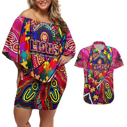 Autism Awareness Australia Brisbane Lions Couples Matching Off Shoulder Short Dress and Hawaiian Shirt Aboriginal Indigenous Art