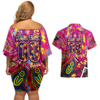 Autism Awareness Australia Brisbane Lions Couples Matching Off Shoulder Short Dress and Hawaiian Shirt Aboriginal Indigenous Art