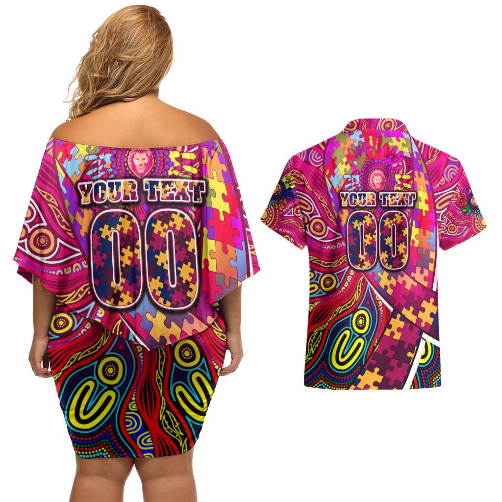 Autism Awareness Australia Brisbane Lions Couples Matching Off Shoulder Short Dress and Hawaiian Shirt Aboriginal Indigenous Art