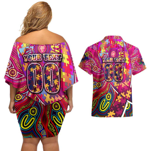 Autism Awareness Australia Brisbane Lions Couples Matching Off Shoulder Short Dress and Hawaiian Shirt Aboriginal Indigenous Art