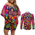 Autism Awareness Australia Brisbane Lions Couples Matching Off Shoulder Short Dress and Long Sleeve Button Shirt Aboriginal Indigenous Art