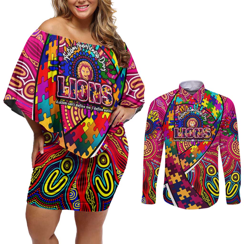 Autism Awareness Australia Brisbane Lions Couples Matching Off Shoulder Short Dress and Long Sleeve Button Shirt Aboriginal Indigenous Art