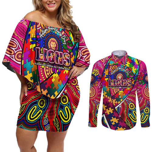 Autism Awareness Australia Brisbane Lions Couples Matching Off Shoulder Short Dress and Long Sleeve Button Shirt Aboriginal Indigenous Art