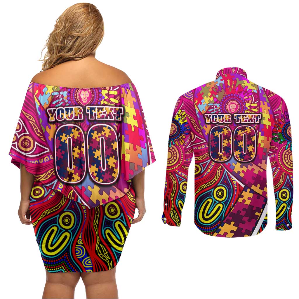 Autism Awareness Australia Brisbane Lions Couples Matching Off Shoulder Short Dress and Long Sleeve Button Shirt Aboriginal Indigenous Art