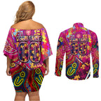 Autism Awareness Australia Brisbane Lions Couples Matching Off Shoulder Short Dress and Long Sleeve Button Shirt Aboriginal Indigenous Art