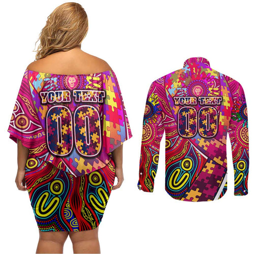 Autism Awareness Australia Brisbane Lions Couples Matching Off Shoulder Short Dress and Long Sleeve Button Shirt Aboriginal Indigenous Art
