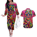 Autism Awareness Australia Brisbane Lions Couples Matching Off The Shoulder Long Sleeve Dress and Hawaiian Shirt Aboriginal Indigenous Art