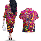 Autism Awareness Australia Brisbane Lions Couples Matching Off The Shoulder Long Sleeve Dress and Hawaiian Shirt Aboriginal Indigenous Art