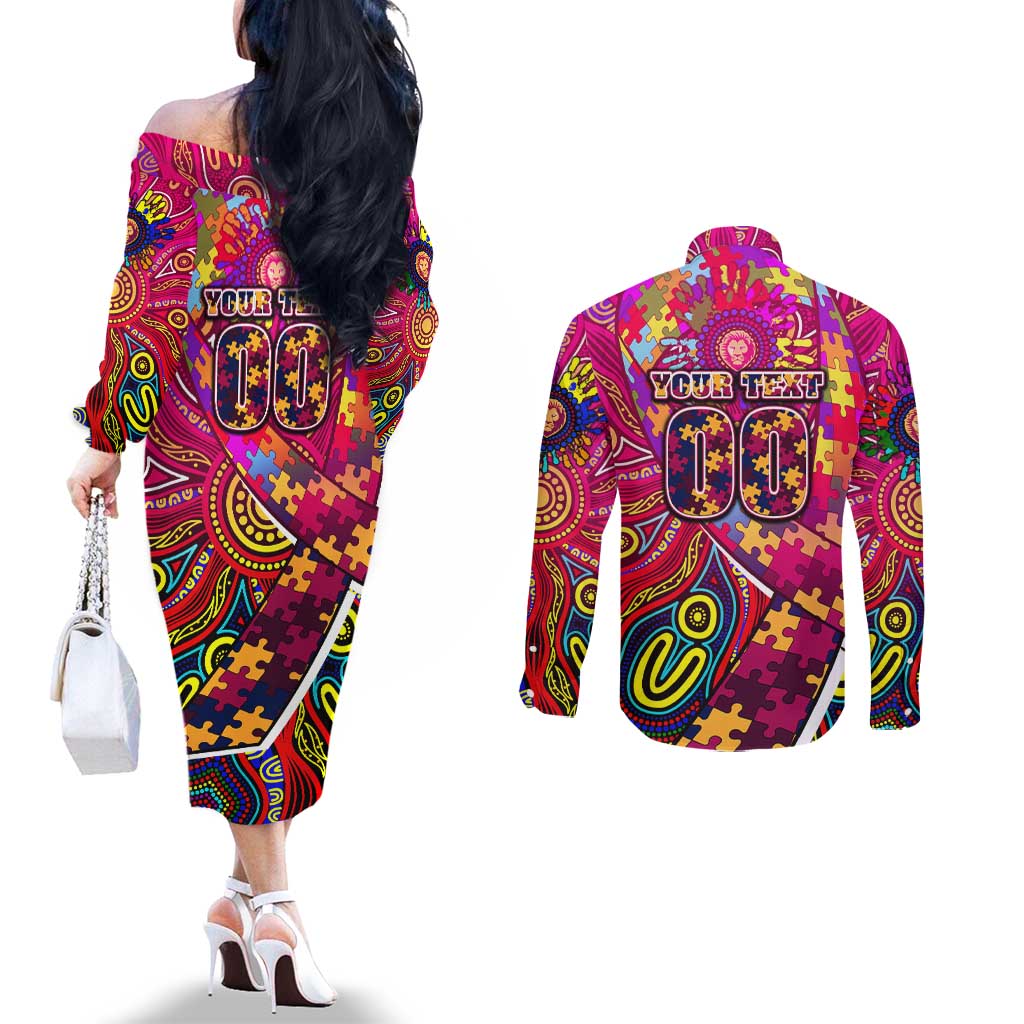 Autism Awareness Australia Brisbane Lions Couples Matching Off The Shoulder Long Sleeve Dress and Long Sleeve Button Shirt Aboriginal Indigenous Art