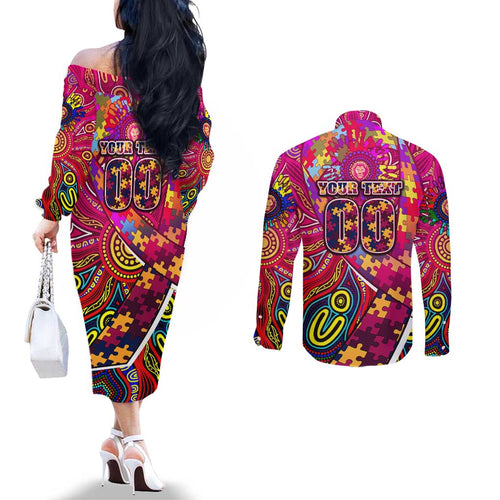 Autism Awareness Australia Brisbane Lions Couples Matching Off The Shoulder Long Sleeve Dress and Long Sleeve Button Shirt Aboriginal Indigenous Art